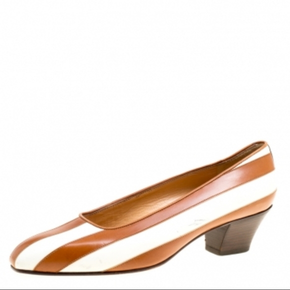 Celine stripe leather white mini block heel pumps - Picture 2 of 8